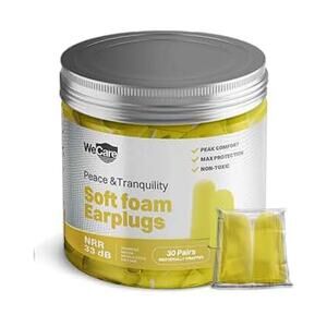 Earplugs New 30 Pairs Wrapped Individually Soft Foam Yellow Highest NRR 33dB